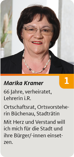 1. Marika Kramer, 66 Jahre, verheiratet, Lehrerin i.R., Ortschaftsrat, Ortsvorsteherin Büchenau, Stadträtin. Mit Herz und Verstand will ich mich für die Stadt und ihre Bürger/-innen einsetzen