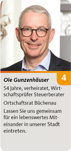 4. Ole Gunzenhäuser, 54 Jahre, verheiratet, Wirtschaftsprüfer Steuerberater. Ortschaftsrat Büchenau. Lassen Sie uns gemeinsam<br />
für ein lebenswertes Miteinander in unserer Stadt eintreten.